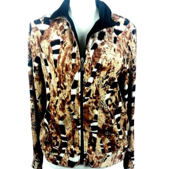 Y2k Track Athleisure Jacket Top Size Medium Soft Plush Brown Black Granny Sleek - Picture 2 of 9